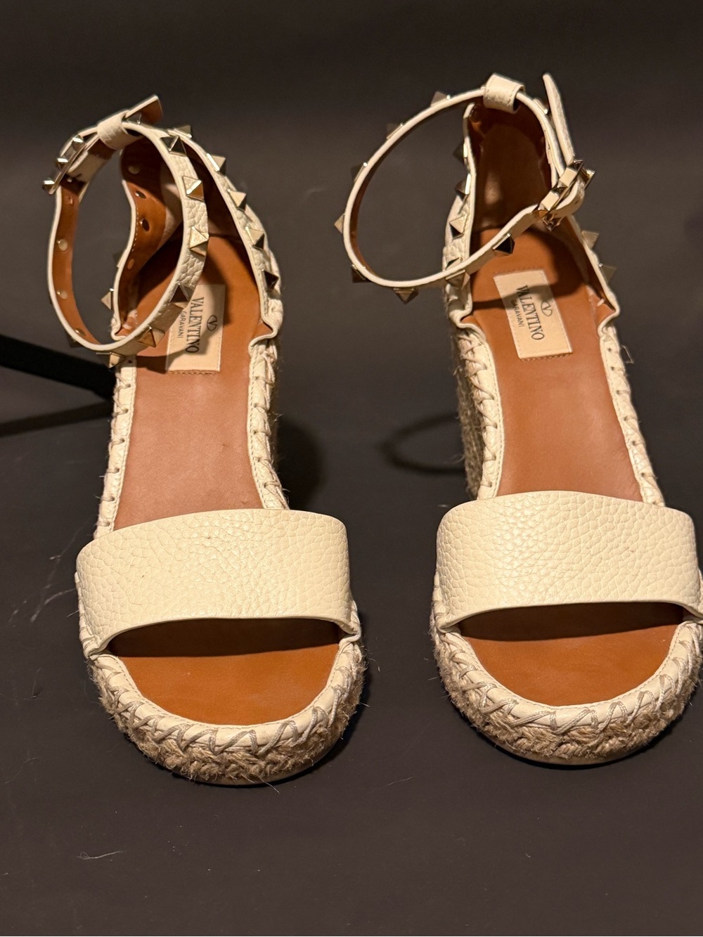 Valentino Cream Leather Rockstud Espadrille Sandals